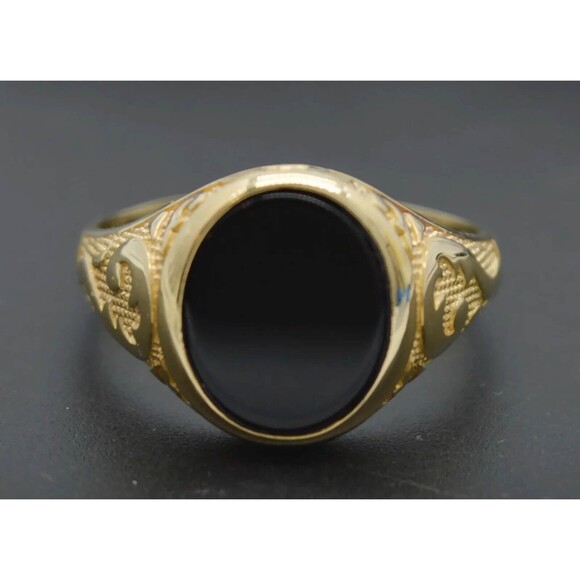 Real Solid 14K Yellow Gold Oval Black Onyx Signet Vintage Style Ring ALL Sizes - Picture 3 of 6